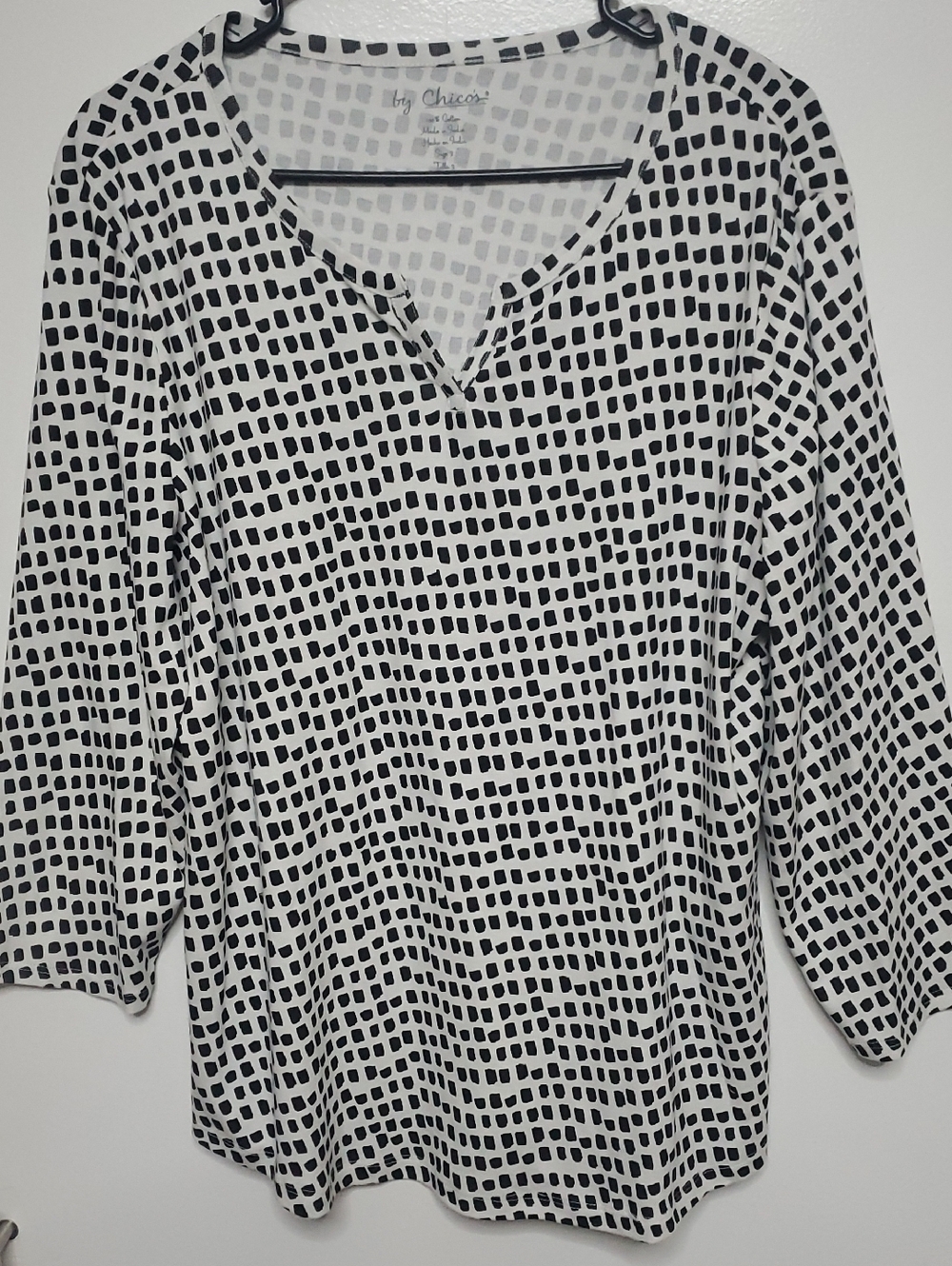 Chico's Black and White Grid-Print Split-Neck Long Sleeve Top